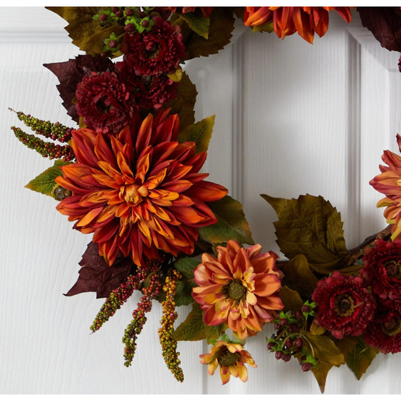 Nearly Natural 22” Dahlia & Mum Wreath Realistic Fall Artificial Decor - Picture 3 of 5